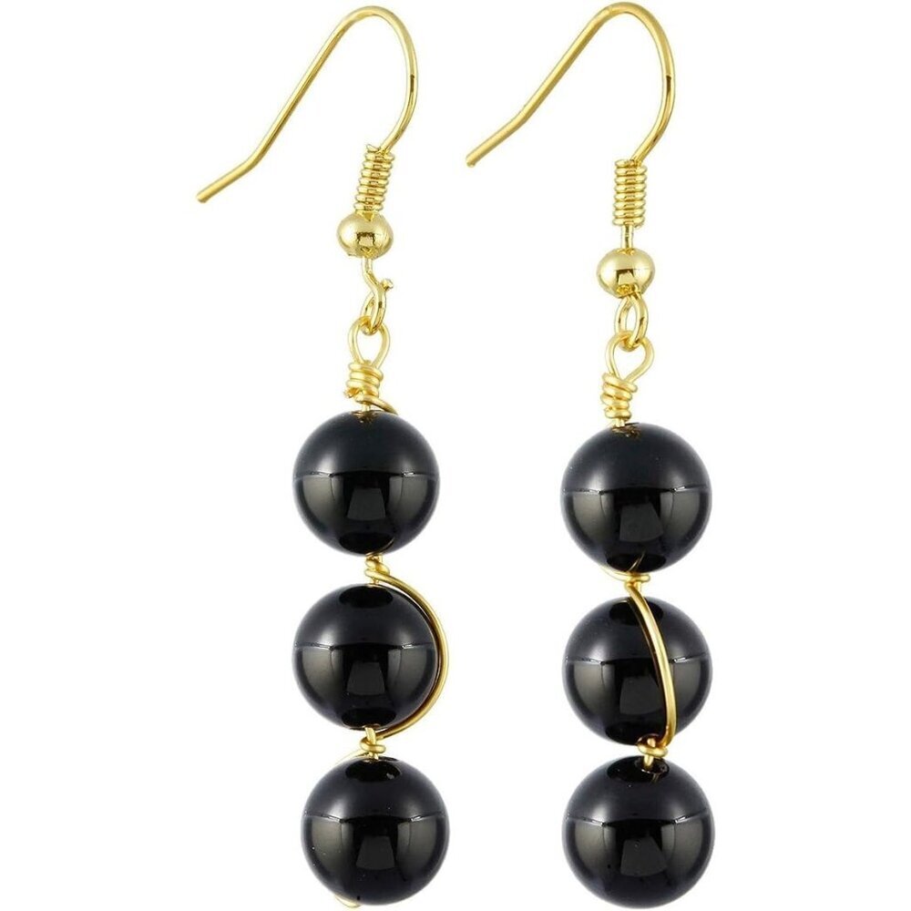 Black Wire Wrapped Triple Ball Beaded Dangle DropTrendy Hook Earrings for Ladies